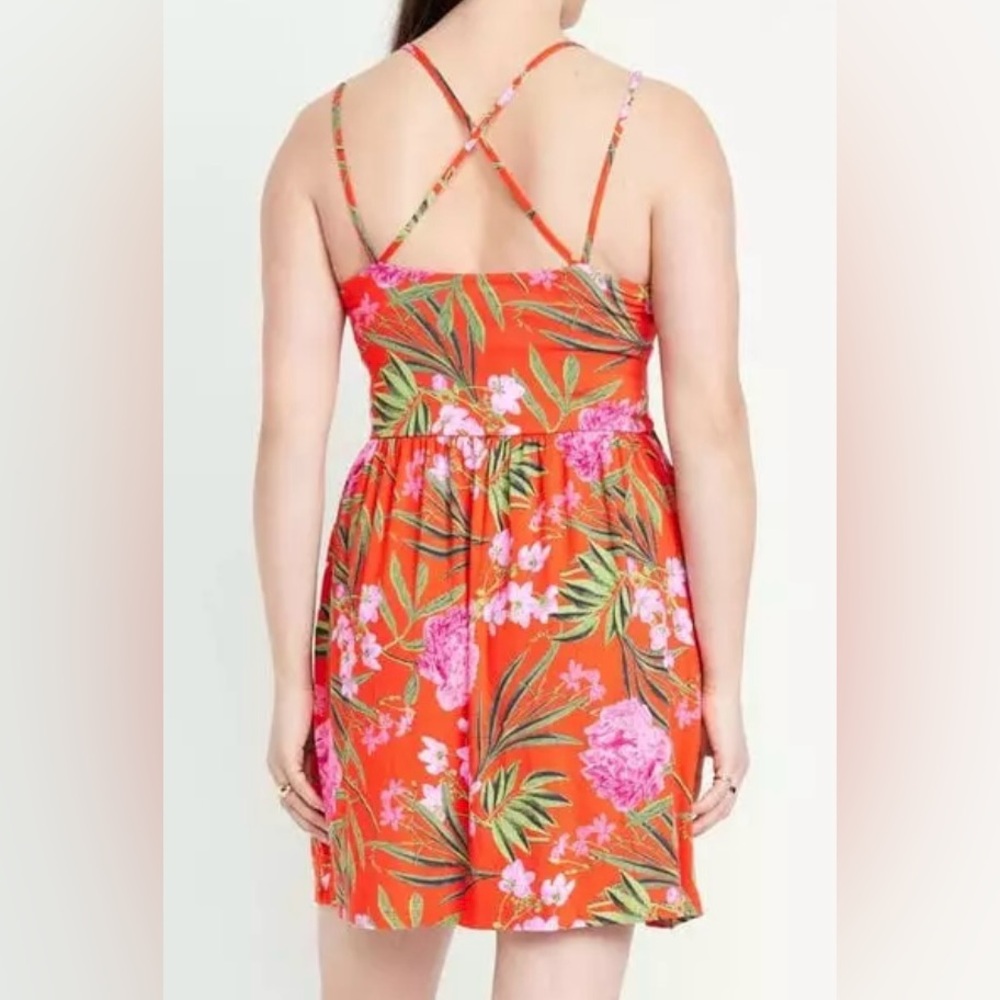 Old Navy Dark Orange Tropical Fit & Flare Strappy Mini Dress XXL-NEW - Picture 7 of 7
